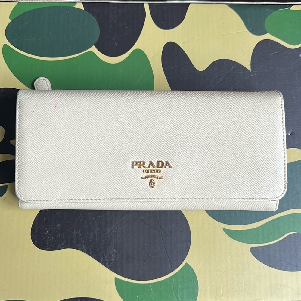 Prada Beige Saffiano Leather Double Snap Long Wallet